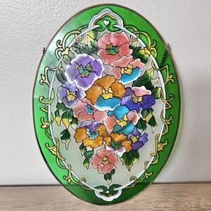 Amia Hand Painted Floral Stained Glass Oval Window‎ Panel 14.25x10.25 Suncatche